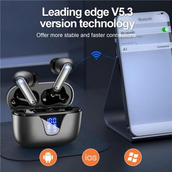 Wireless Bluetooth Earbuds 50H Playtime Mic Waterproof LED Display Black - Picture 6 of 7
